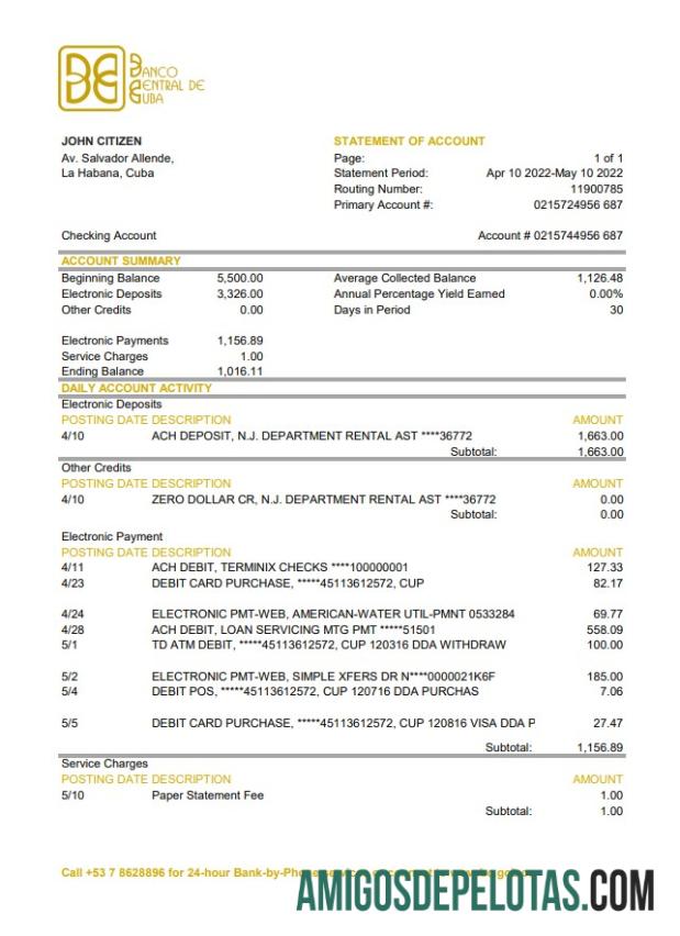 Cuba Banco Central De Cuba Bank Statement Xls amostra